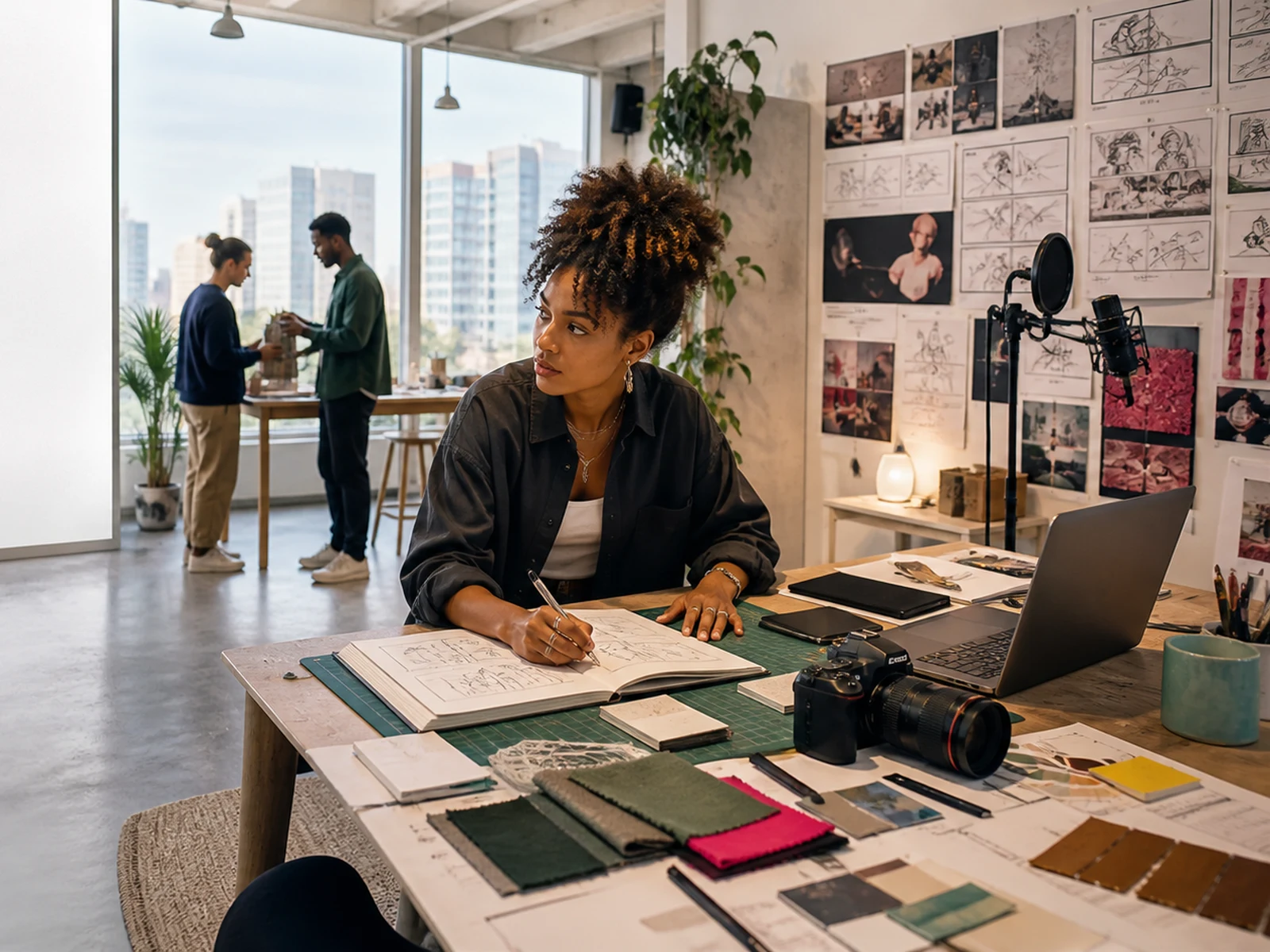 A creative project moving from notes and visual references into a finished composition